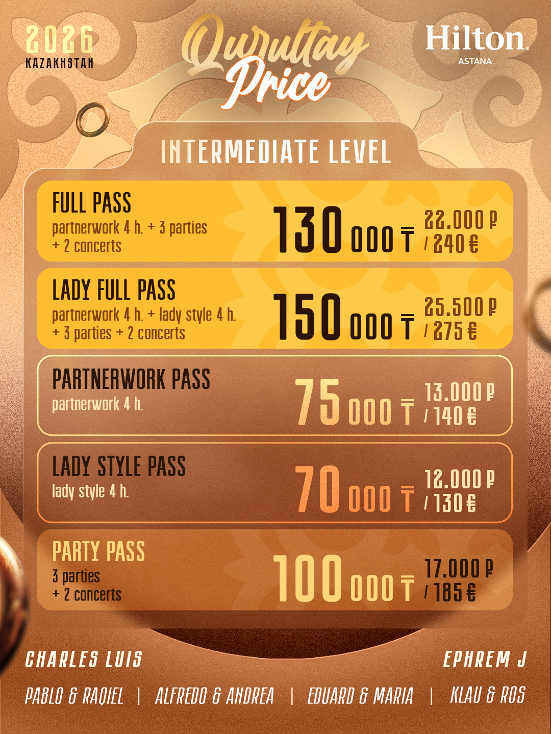 Intermediate: Full 130 000 ₸, Lady Full 150 000 ₸, Partnerwork 75 000 ₸, Lady Style 70 000 ₸